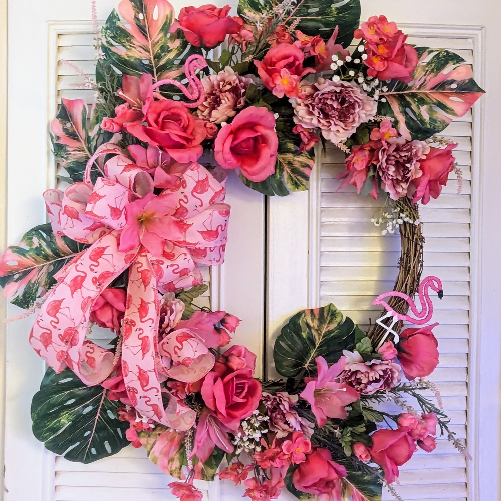Hand Crafted Pink and Green Flamingo Wreath